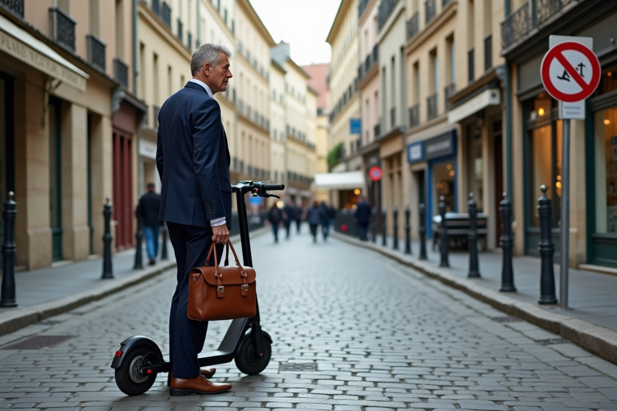Homme d affaires hésitant devant panneau scooter en centre historique