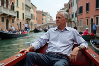 Homme venetien en bateau vaporetto sur le grand canal