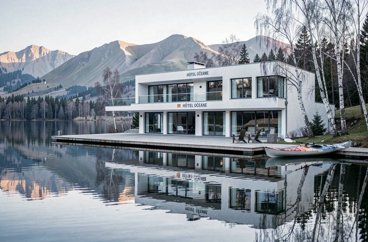 L'Hôtel Océane et sa terrasse en bois sur un lac naturel reflétant les collines volcaniques du Puy-de-Dôme
