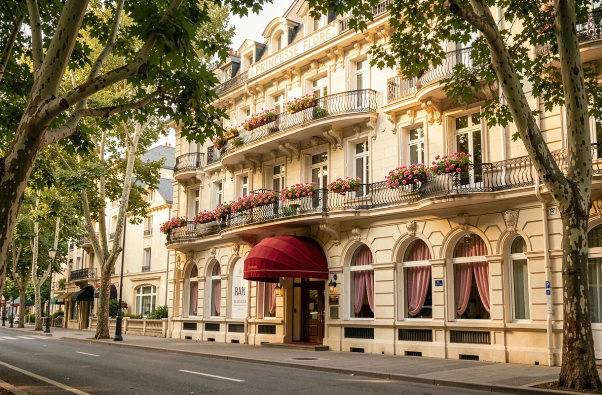 La façade Belle Époque de l'Hôtel Princesse Flore à Royat avec ses balcons fleuris et son entrée en velours rouge
