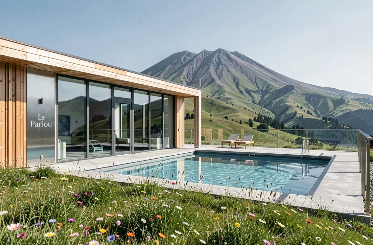 L'Hôtel & Spa Le Pariou avec sa façade en bois et verre ouverte sur le paysage volcanique du Puy-de-Dôme