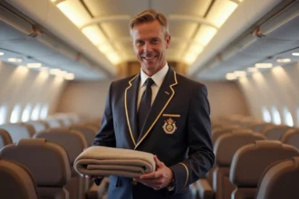 Hôte de l'air Etihad Airways en uniforme dans la cabine d'un avion, illustrant la qualité de service de la compagnie