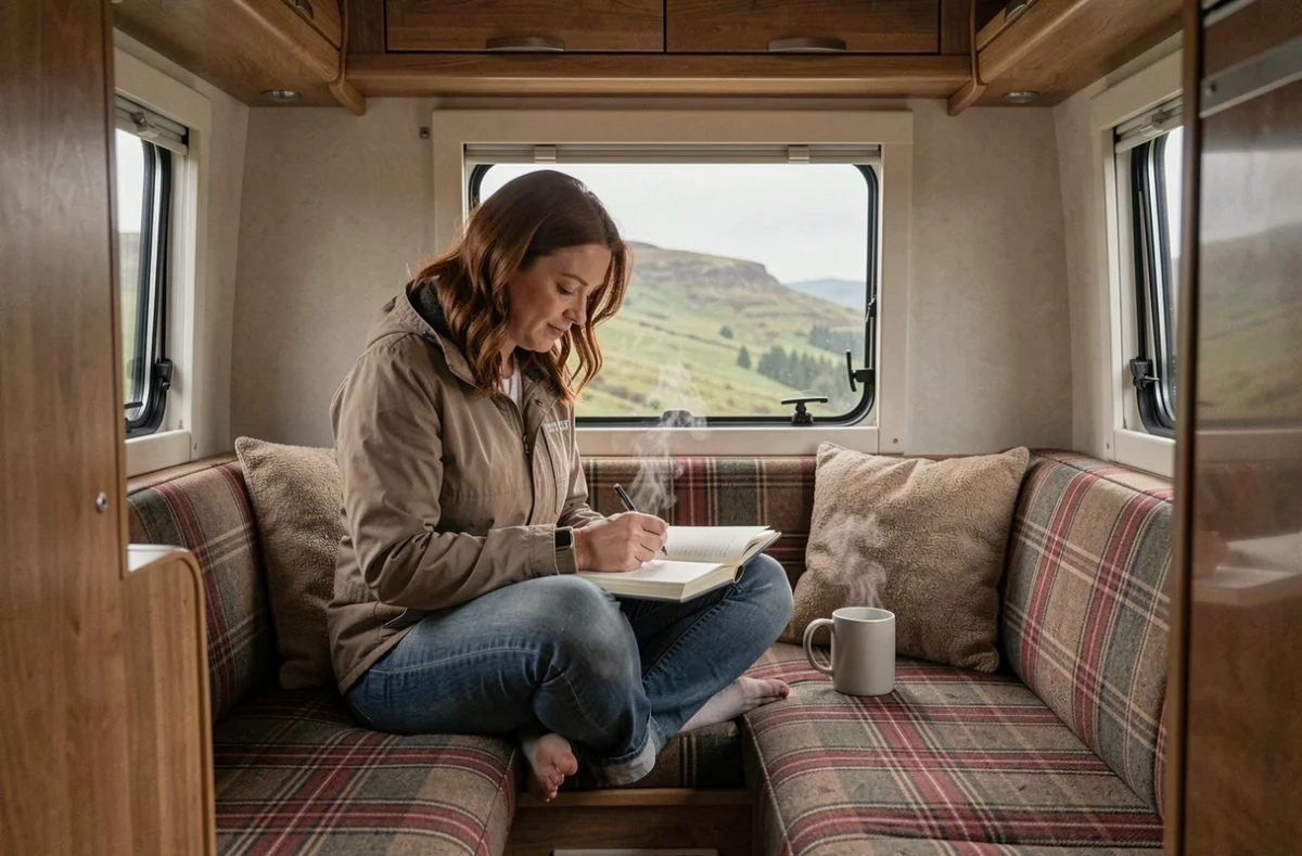 Femme écrivant dans un journal de voyage à l'intérieur d'un camping-car aménagé dans les Highlands avec vue sur les collines écossaises