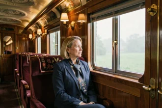 Femme élégante dans un wagon vintage de l'Orient Express contemplant le paysage européen par la fenêtre