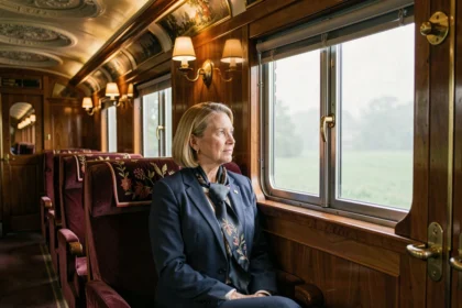 Femme élégante dans un wagon vintage de l'Orient Express contemplant le paysage européen par la fenêtre