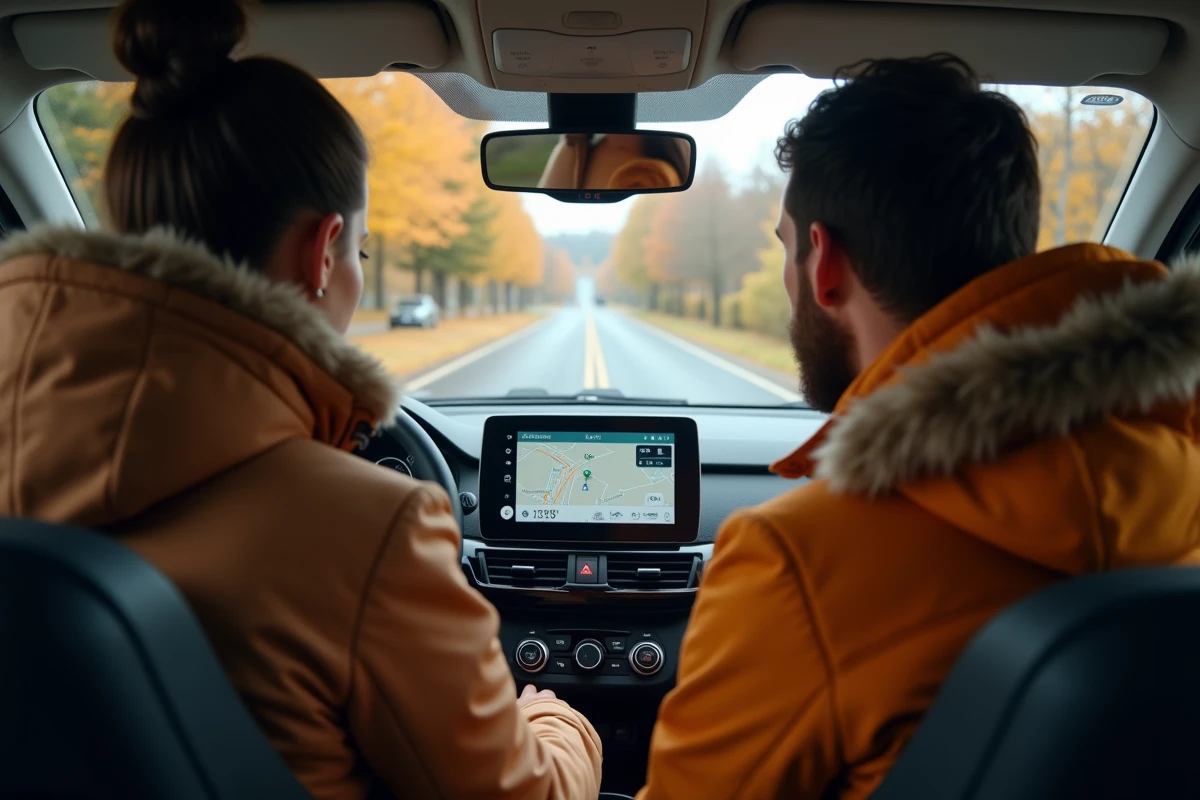 Deux amis consultant un itinéraire favori personnalisé sur le GPS de leur voiture avant un trajet