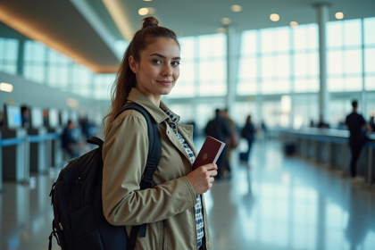 Jeune femme à l'aéroport avec passeport et boarding pass