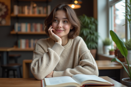 Jeune femme assise dans un café en réflexion