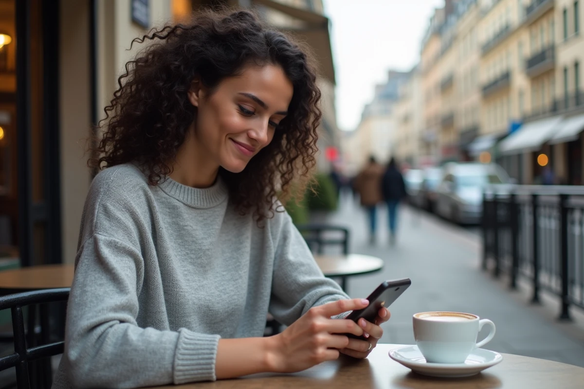 Jeune femme au café à Paris regardant son téléphone