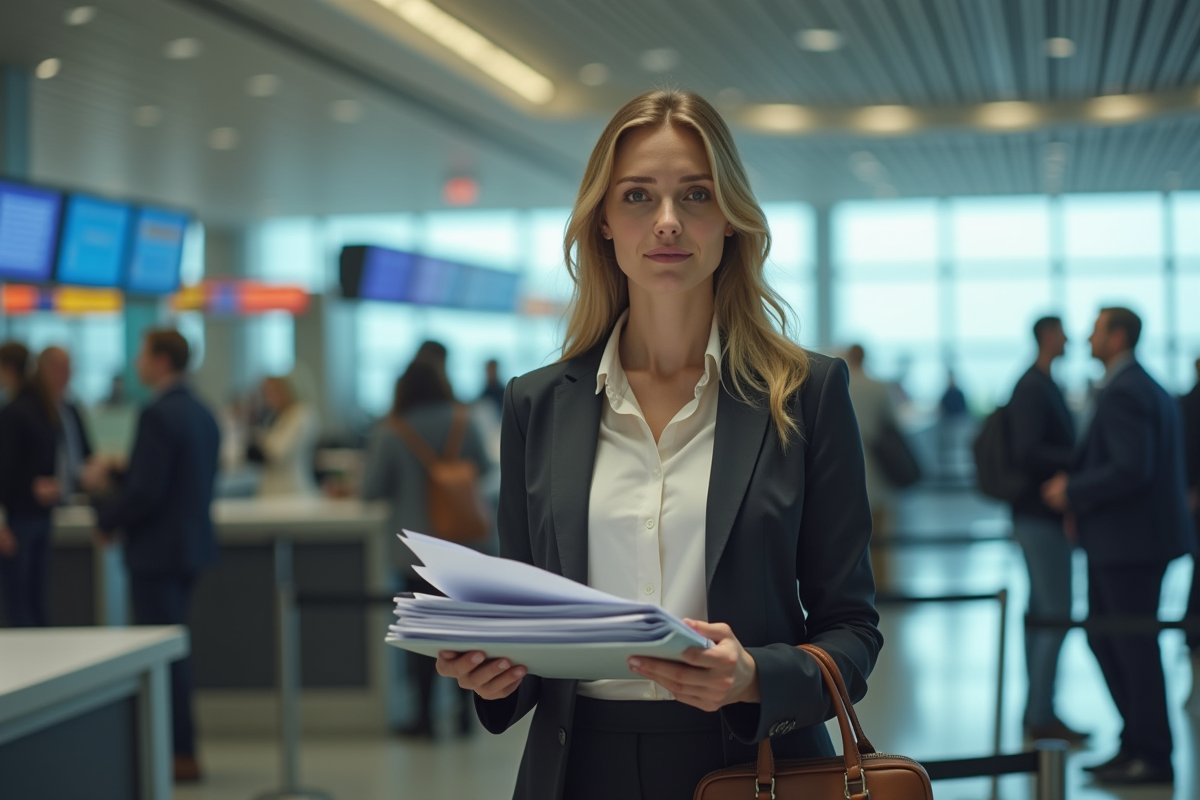 Jeune femme d affaires remet des papiers à la douane à l aéroport