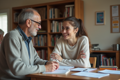 Jeune femme et homme âgé discutent lors d'un atelier communautaire