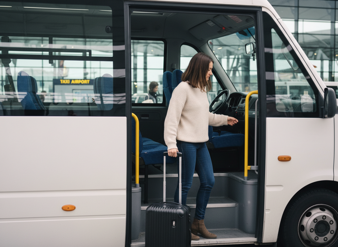 Jeune femme avec valise montant dans un minibus à Paris