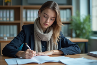 Jeune femme en bureau moderne remplissant des papiers avec son passeport