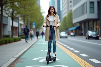 Jeune femme en trench et jeans roulant en scooter en ville