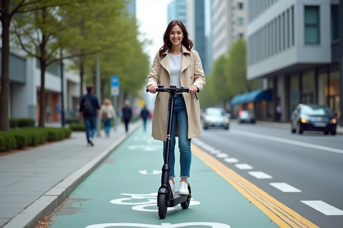 Jeune femme en trench et jeans roulant en scooter en ville
