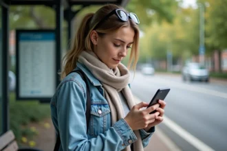 Jeune femme regardant son smartphone près d'un arrêt de bus