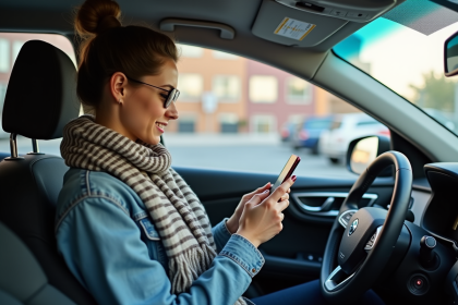 Jeune femme en denim et foulard dans une voiture urbaine