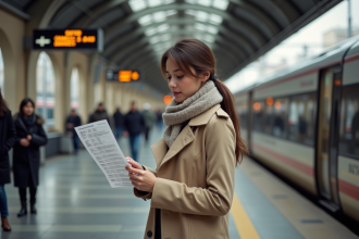 Jeune femme en trench checkant un horaire de train à Paris