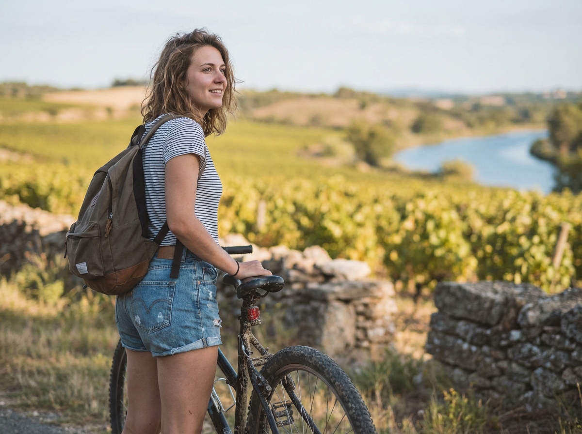 Jeune femme dans un vignoble près du Canal du Midi