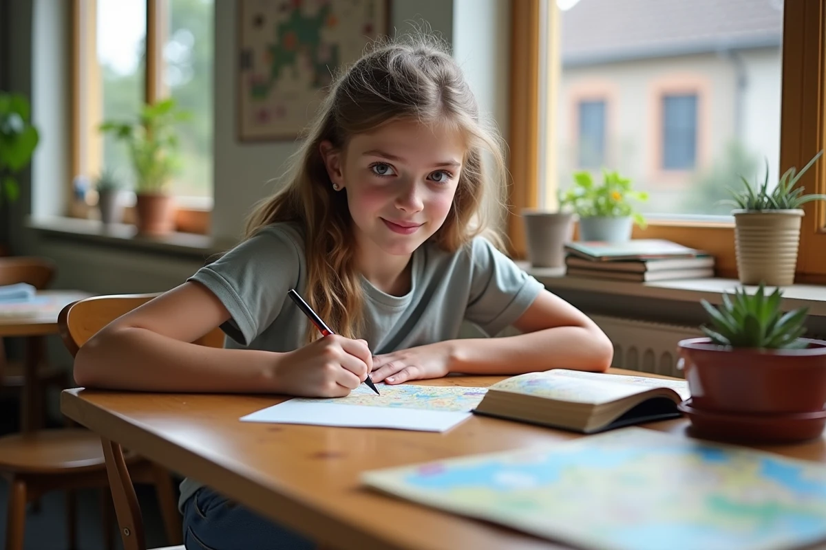 Jeune fille écrivant une carte postale dans un centre communautaire