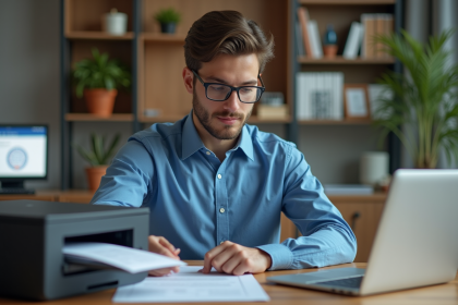 Jeune homme en bureau moderne imprimant le formulaire DS160