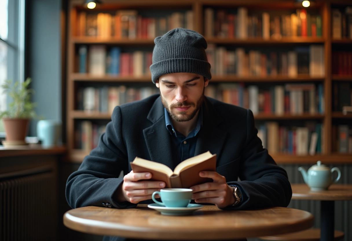 Jeune homme lisant dans un café cosy d
