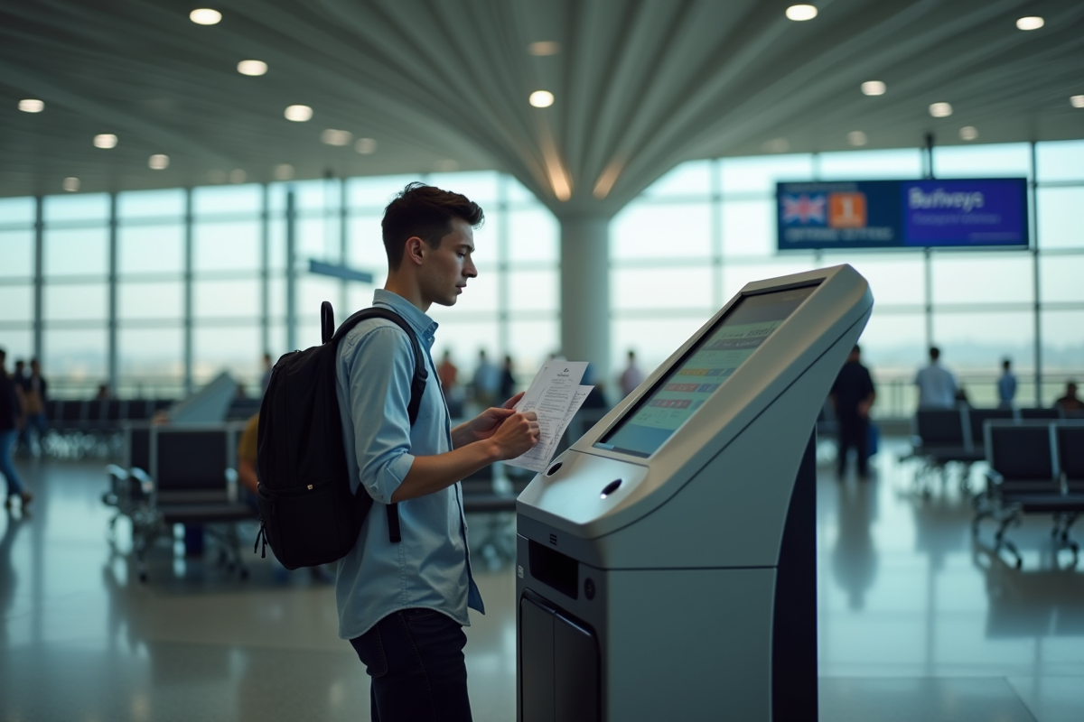 Jeune homme remplit un formulaire à un kiosque d