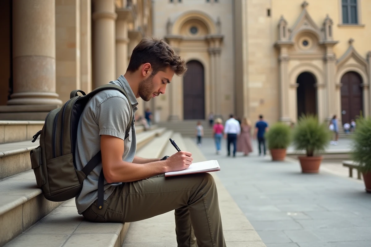 Jeune homme dessinant devant la cathédrale Monreale