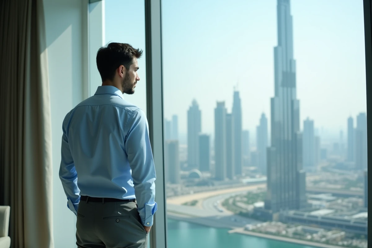 Jeune homme regardant la skyline de Dubaï depuis une fenêtre