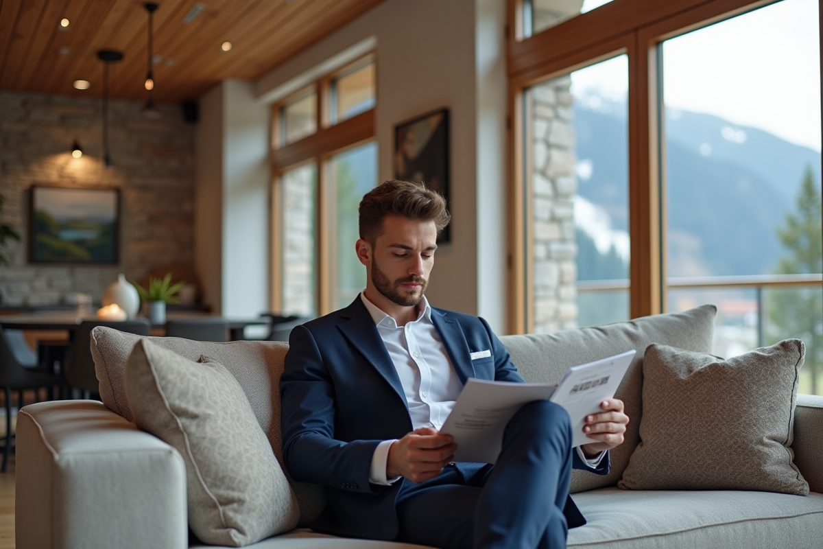 Jeune homme professionnel examinant des brochures immobilières