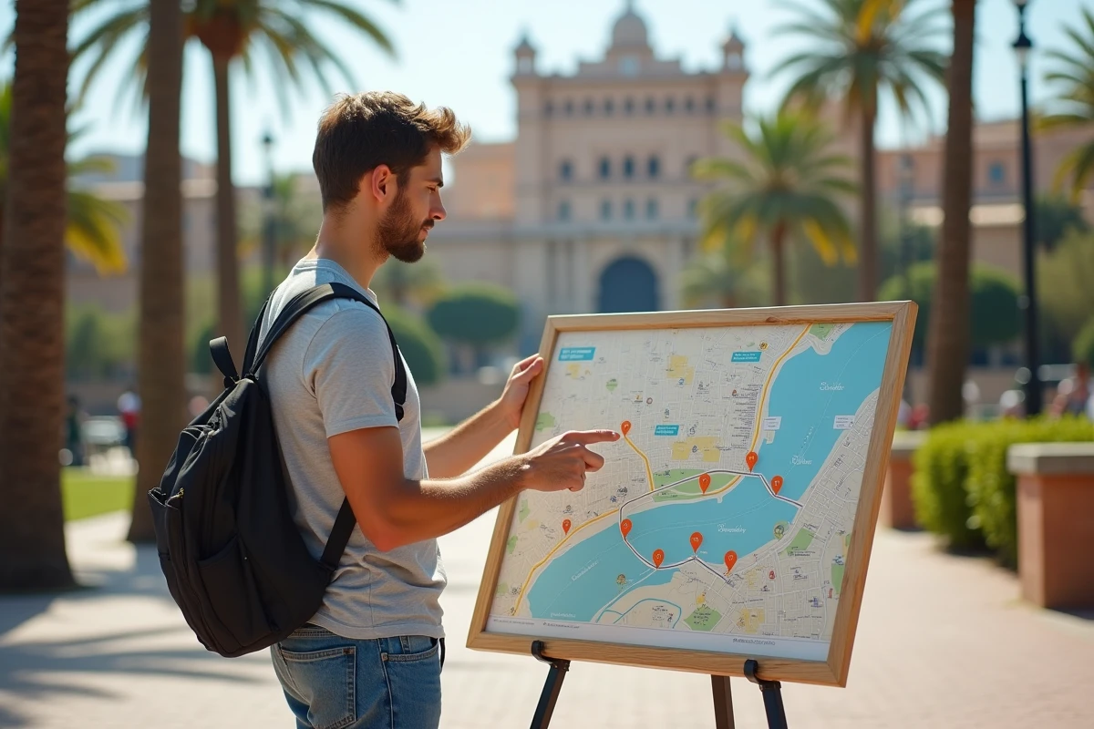 Jeune homme regardant la carte dans un parc à Malaga