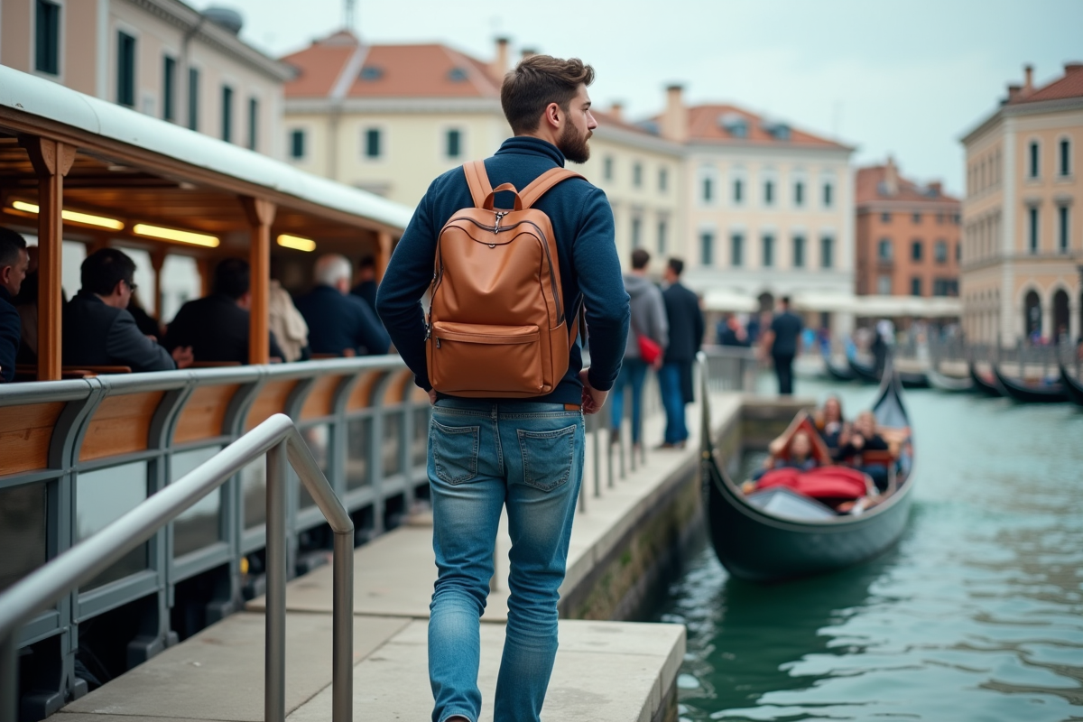 Jeune homme embarquant sur un vaporetto à Venise