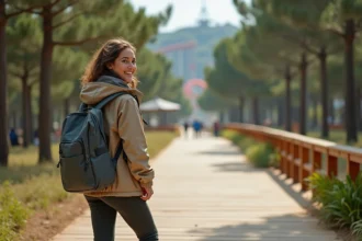 Jeune femme en randonnée dans PortAventura avec forêt et chemins