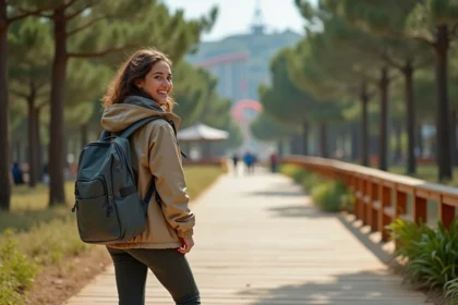 Jeune femme en randonnée dans PortAventura avec forêt et chemins