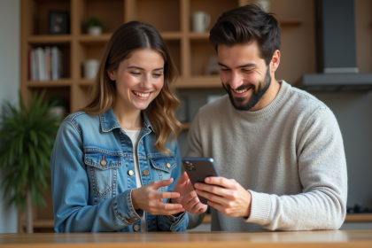 Deux jeunes adultes souriants montrent des billets de concert sur un smartphone