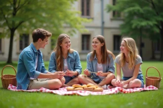 Groupe d'adolescents en pique-nique dans un parc français