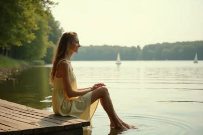 Jeune femme assise sur un ponton en bois au bord d'un lac berlinois en été, les pieds au-dessus de l'eau, entourée de végétation verdoyante