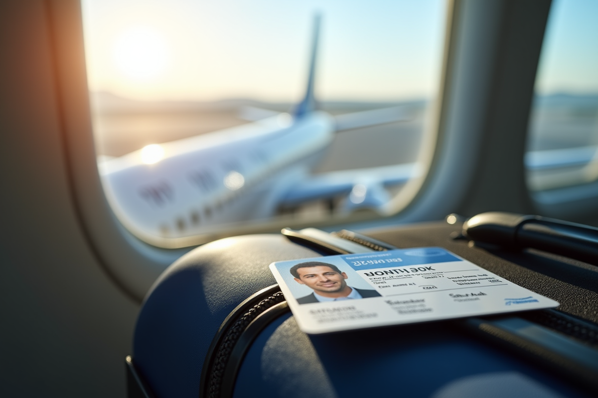 Permis de conduire sur une valise avec avion visible par la fenêtre