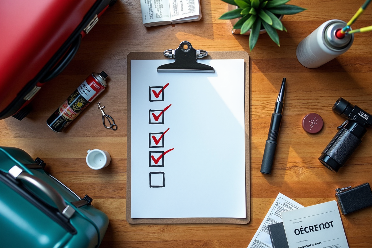 Checklist sur une table avec objets interdits pour voyager