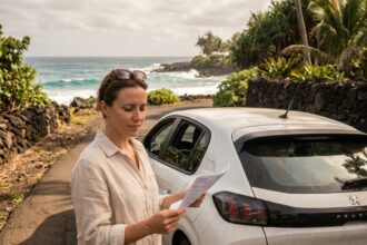 Femme consultant un contrat de location de voiture au bord d'une route côtière à La Réunion
