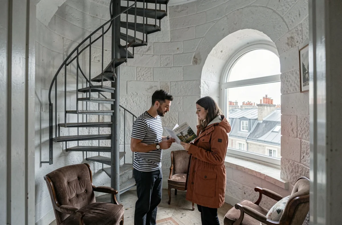 Couple découvrant un appartement insolite dans un château d'eau reconverti avec vue sur les toits de Paris