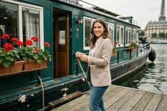 Jeune femme devant une péniche atypique à Paris avec vue sur la Seine et la Tour Eiffel en arrière-plan