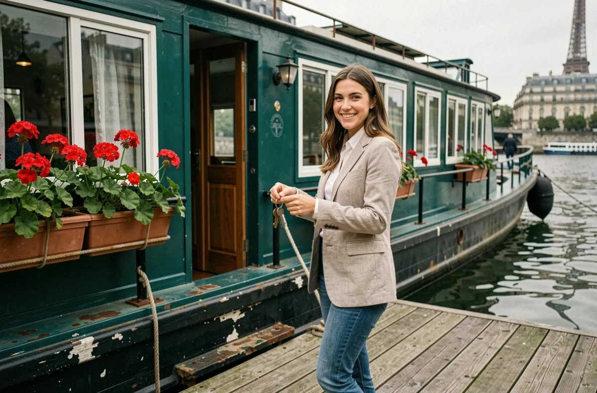 Jeune femme devant une péniche atypique à Paris avec vue sur la Seine et la Tour Eiffel en arrière-plan