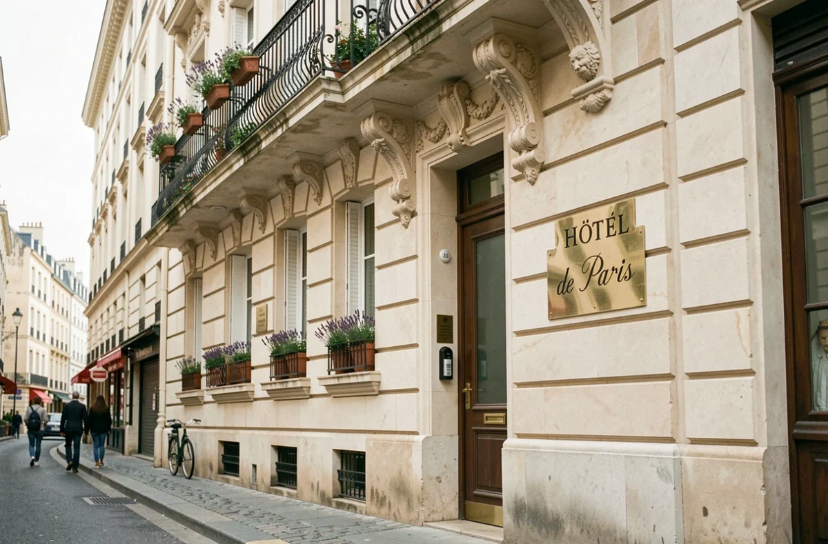 Façade haussmannienne du Logis Hôtel de Paris en centre-ville avec ses balcons en fer forgé et sa plaque en laiton