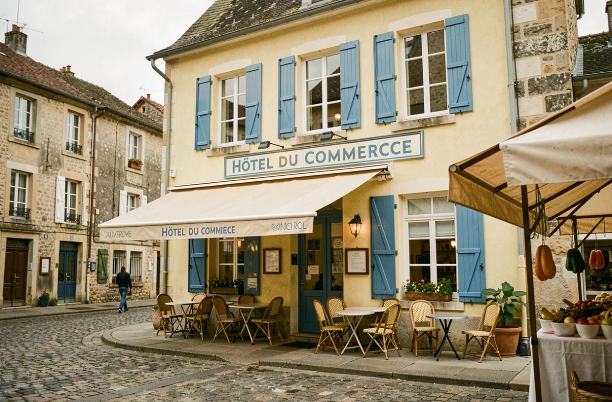 Le Logis Hôtel du Commerce avec sa terrasse de café animée sur une place de marché auvergnate
