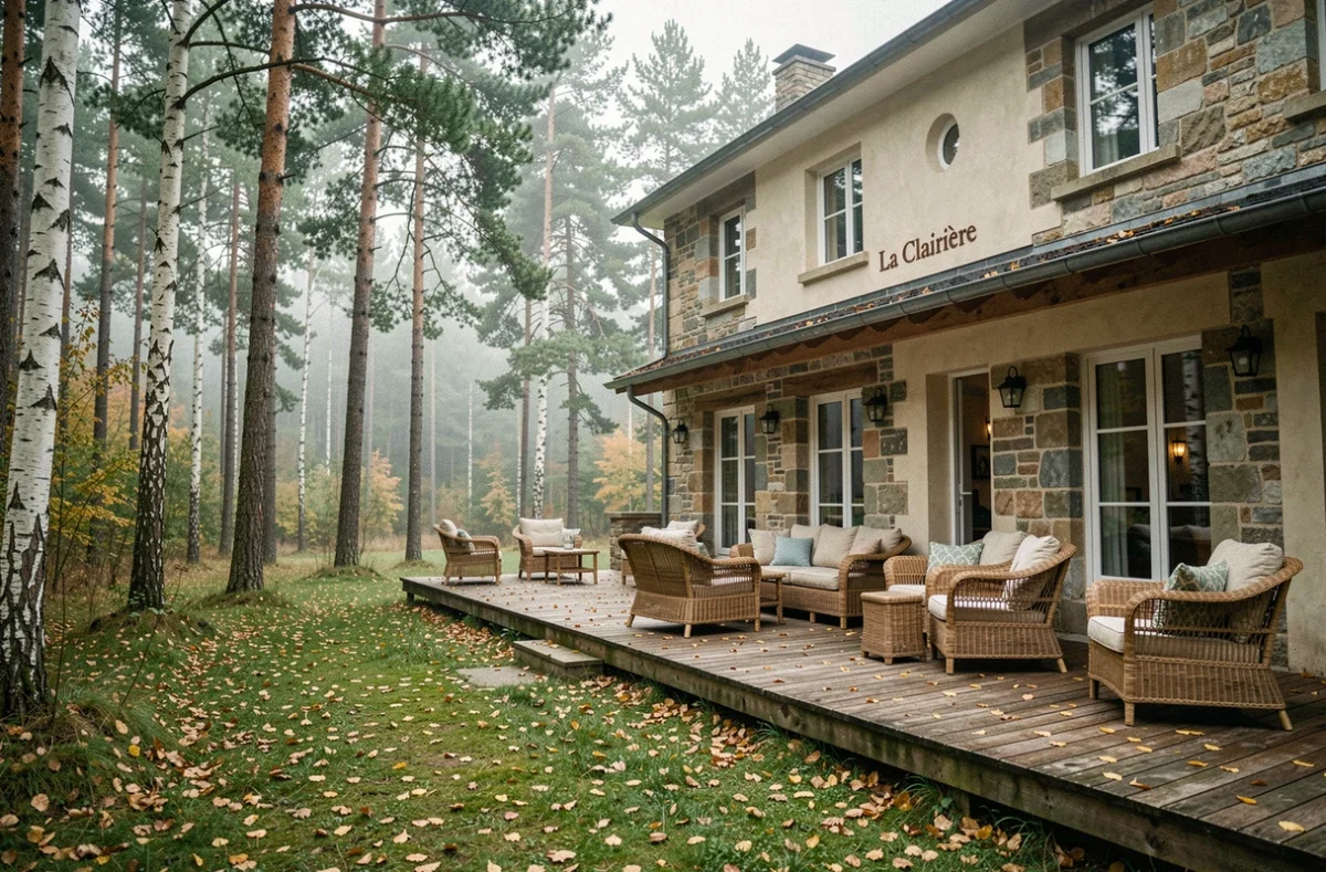 L'hôtel La Clairière et sa terrasse en bois entourée d'une forêt de pins et de bouleaux en Auvergne