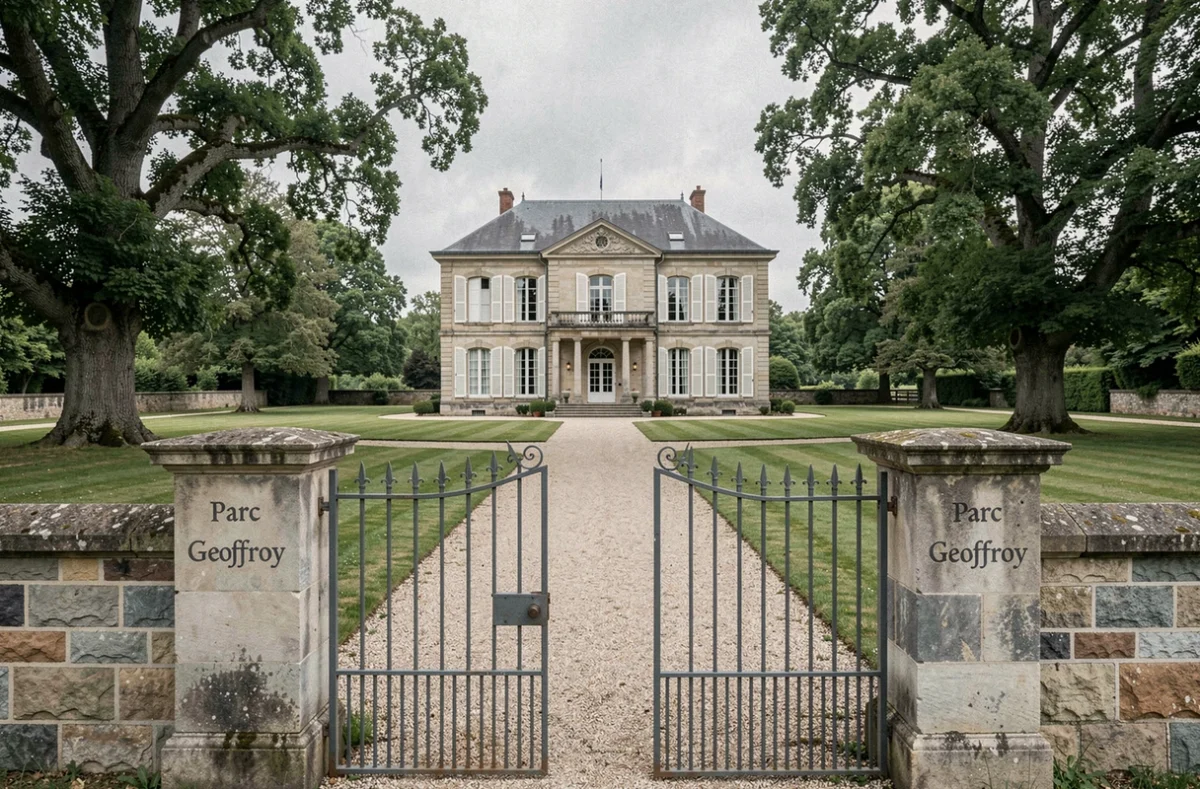 Manor du Logis Hôtel le Parc de Geoffroy entouré d'un parc arboré avec son portail en fer forgé