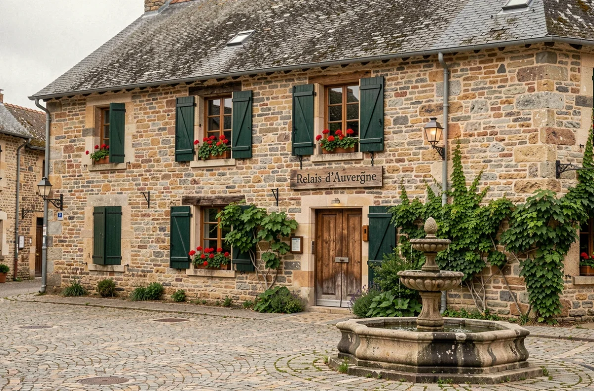 Façade en pierre du Logis Hôtel le Relais d'Auvergne avec ses volets verts et sa place de village pittoresque