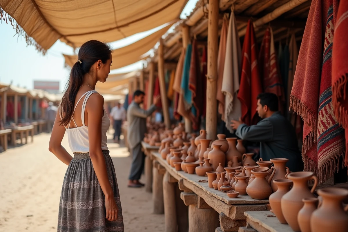 Femme négociant des souvenirs artisanaux dans un marché local près de l'oasis de Ksar Ghilane pour voyager à petit budget