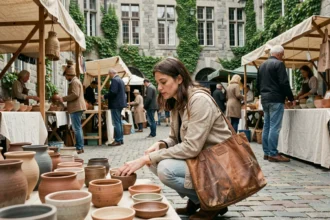 Femme explorant un marché local authentique sur une place pavée de Gand, loin des circuits touristiques classiques